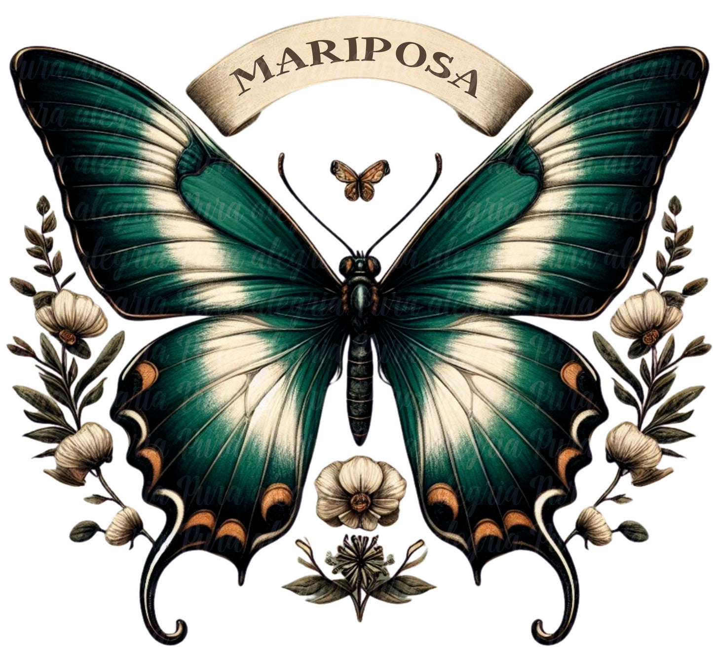 Estampa Mariposa verde con flores blancas
