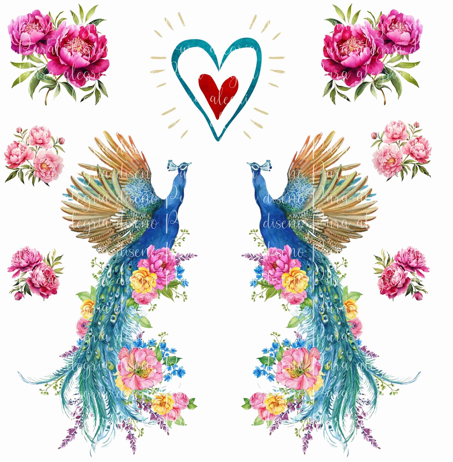 Maxi print, Peacocks peonies