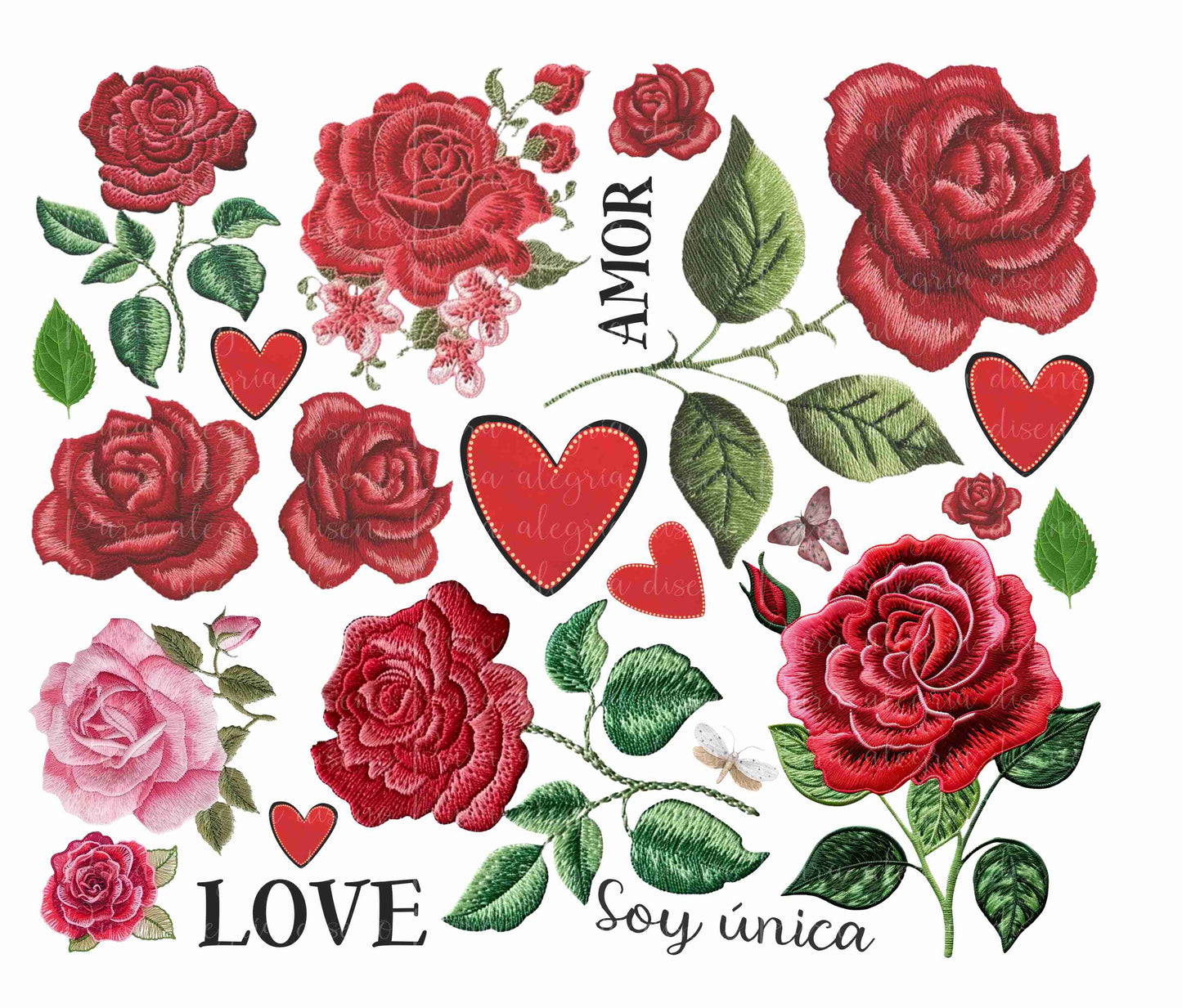 Estampas hoja Rosas bordadas rojas