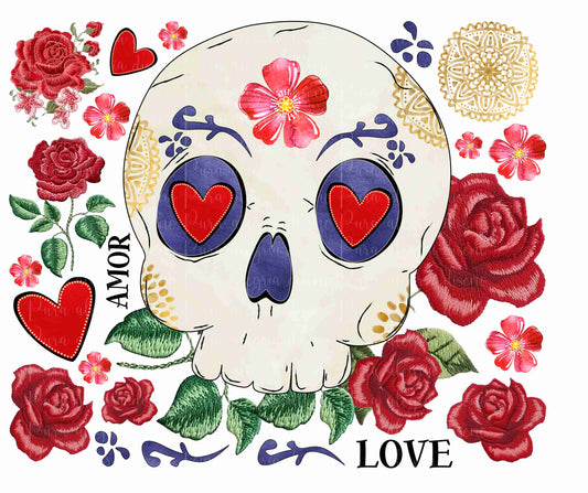 Estampas hoja, Calavera con rosas