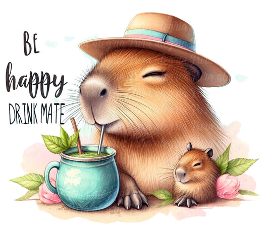 Estampa Be happy drink mate mamita, carpincho