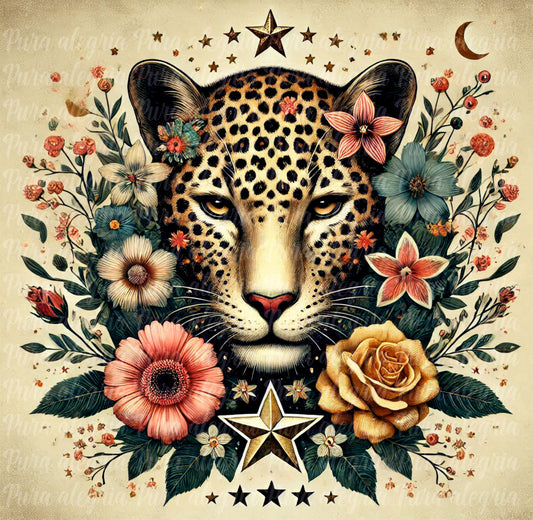 Estampa Cuadrado vintage tigre flores