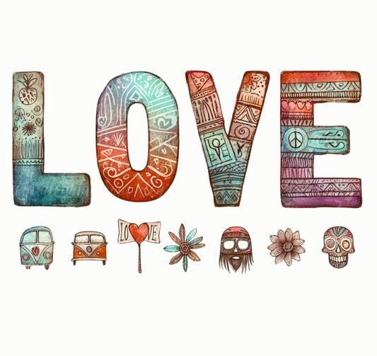 Estampa LOVE mini dibujos hippies