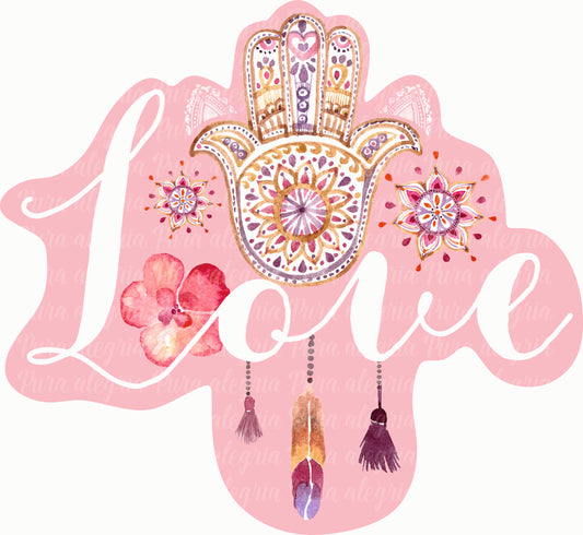 Estampa Love fondo rosa mano hamsa