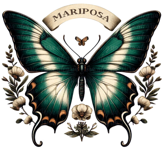Estampa Mariposa verde con flores blancas