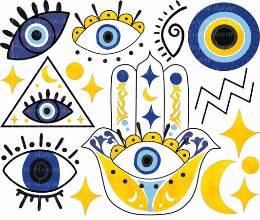 Estampas hoja, Mano, ojos turcos azul