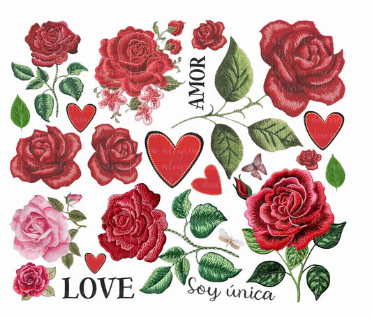 Estampas hoja Rosas bordadas rojas
