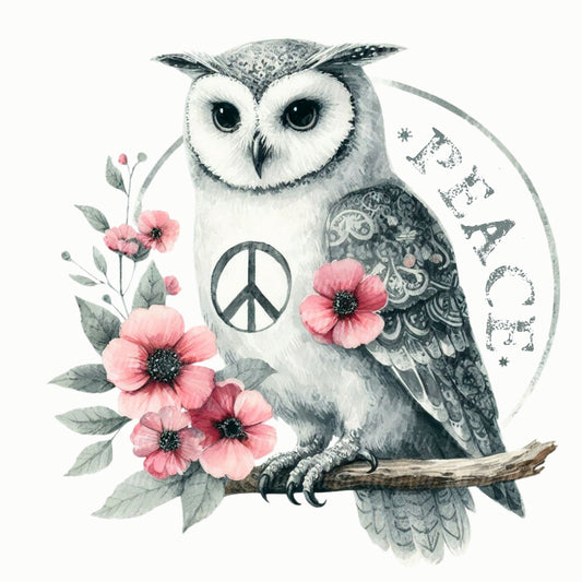 Estampa Buho peace gris con flores cerezo
